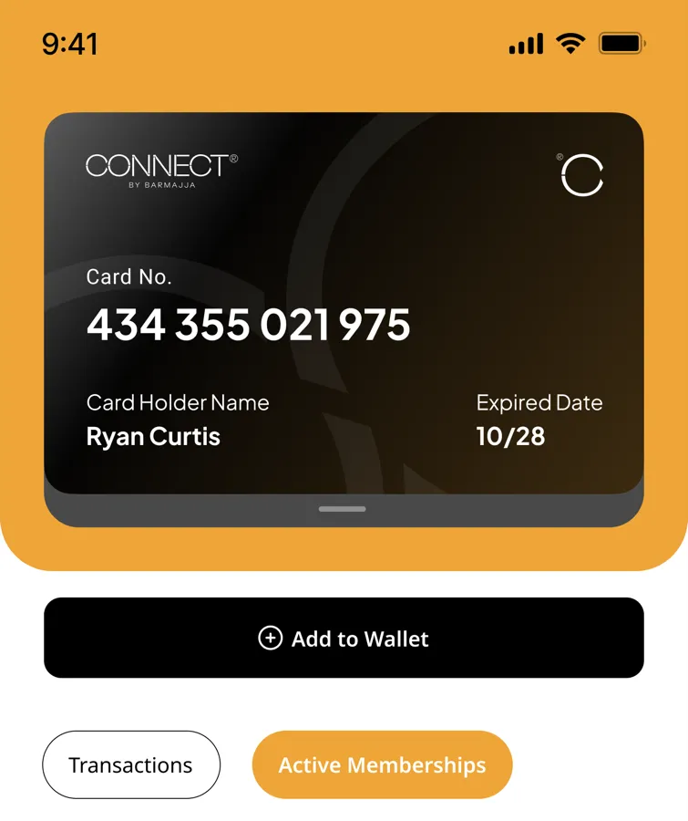 The Connect Rewards membership card in the app, showing the card number, holder name and an Add to Wallet button