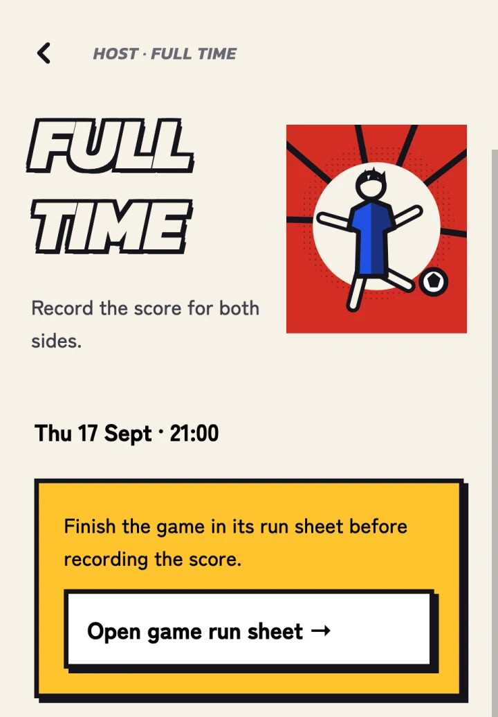 Kabatin prototype host screen for recording the full-time score, with an original illustration of a player