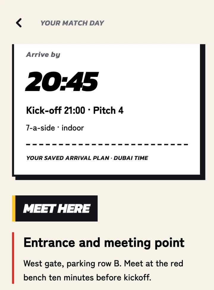 Kabatin prototype match-day screen showing arrival time, kick-off and the meeting point