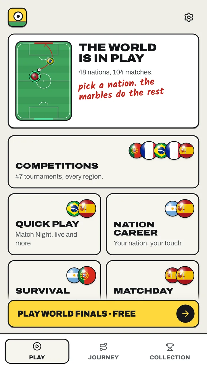The game's home screen in light appearance, with the competitions, Quick Play and Nation Career tiles and a Play the World Finals button marked Free