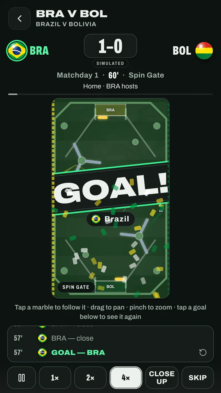 A simulated match, Brazil against Bolivia at 1-0, with a goal banner and confetti over the arena in dark appearance