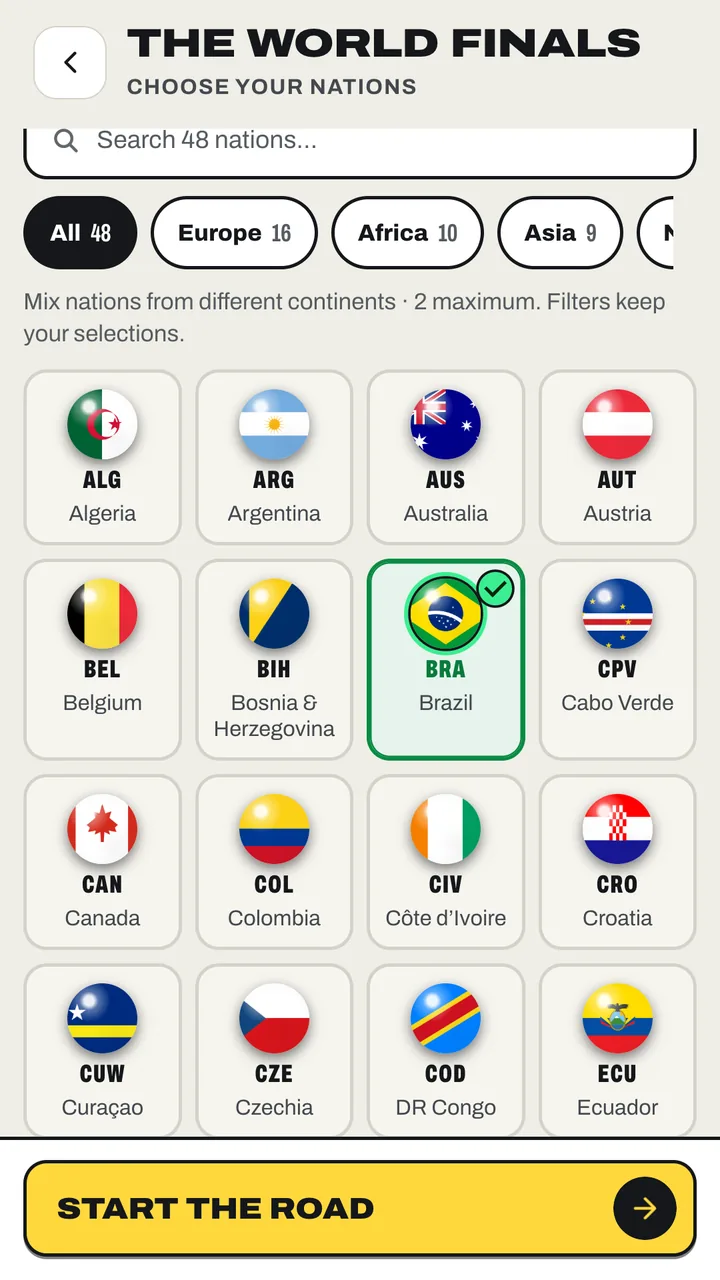 The World Finals nation picker in light appearance: a grid of nations with their flags, Brazil selected, and a Start the road button